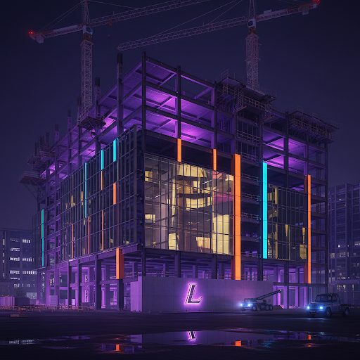 Sleek, modern architectural construction site with vibrant lighting